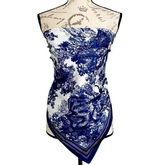 Floral Satin Square Scarf Blue White 35" Head Hair Neck Bandana Preppy New - Picture 8 of 17